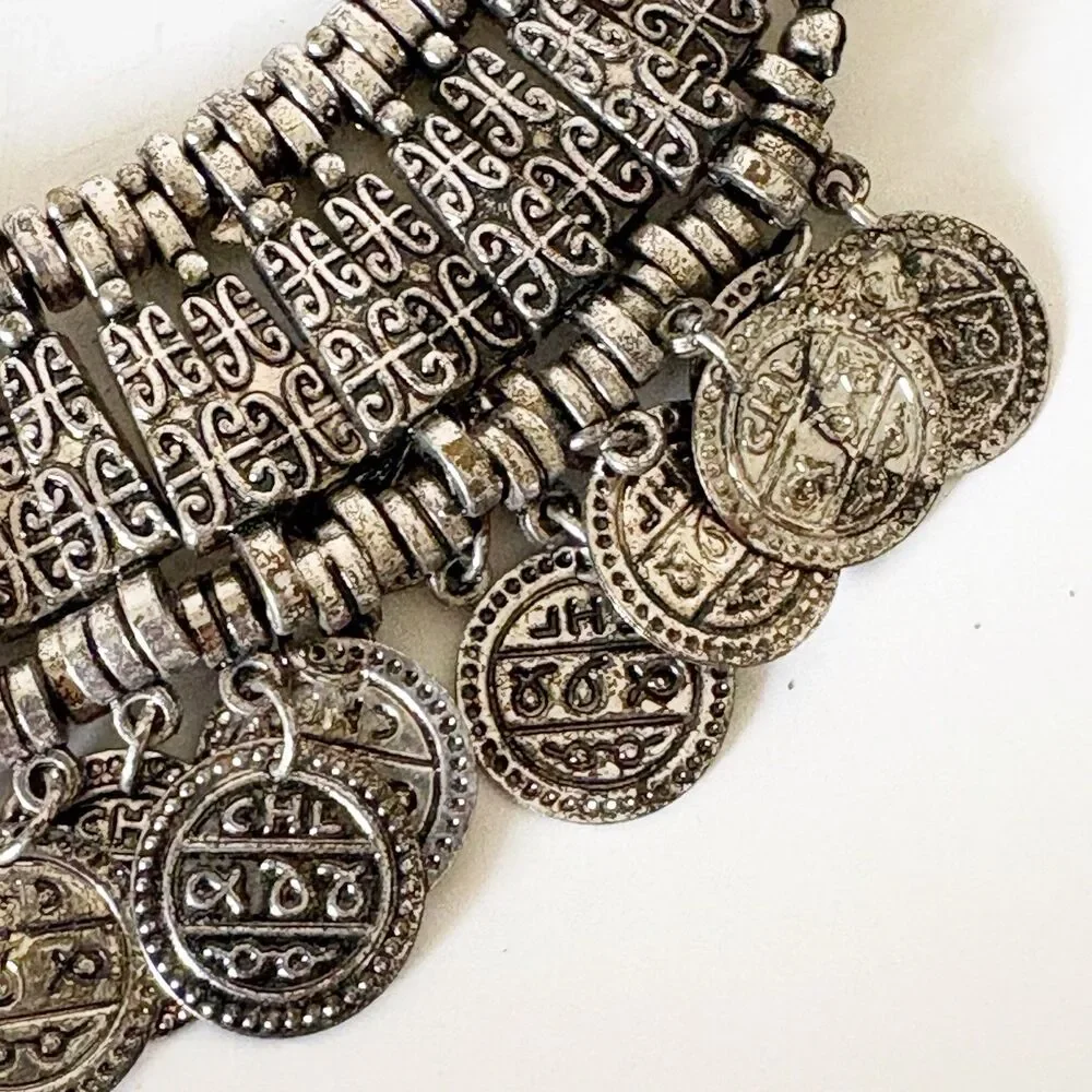 Silver Tone Coin Wide Choker Necklace Bohemian Gypsy Love Affair 16.5” - Picture 3 of 14